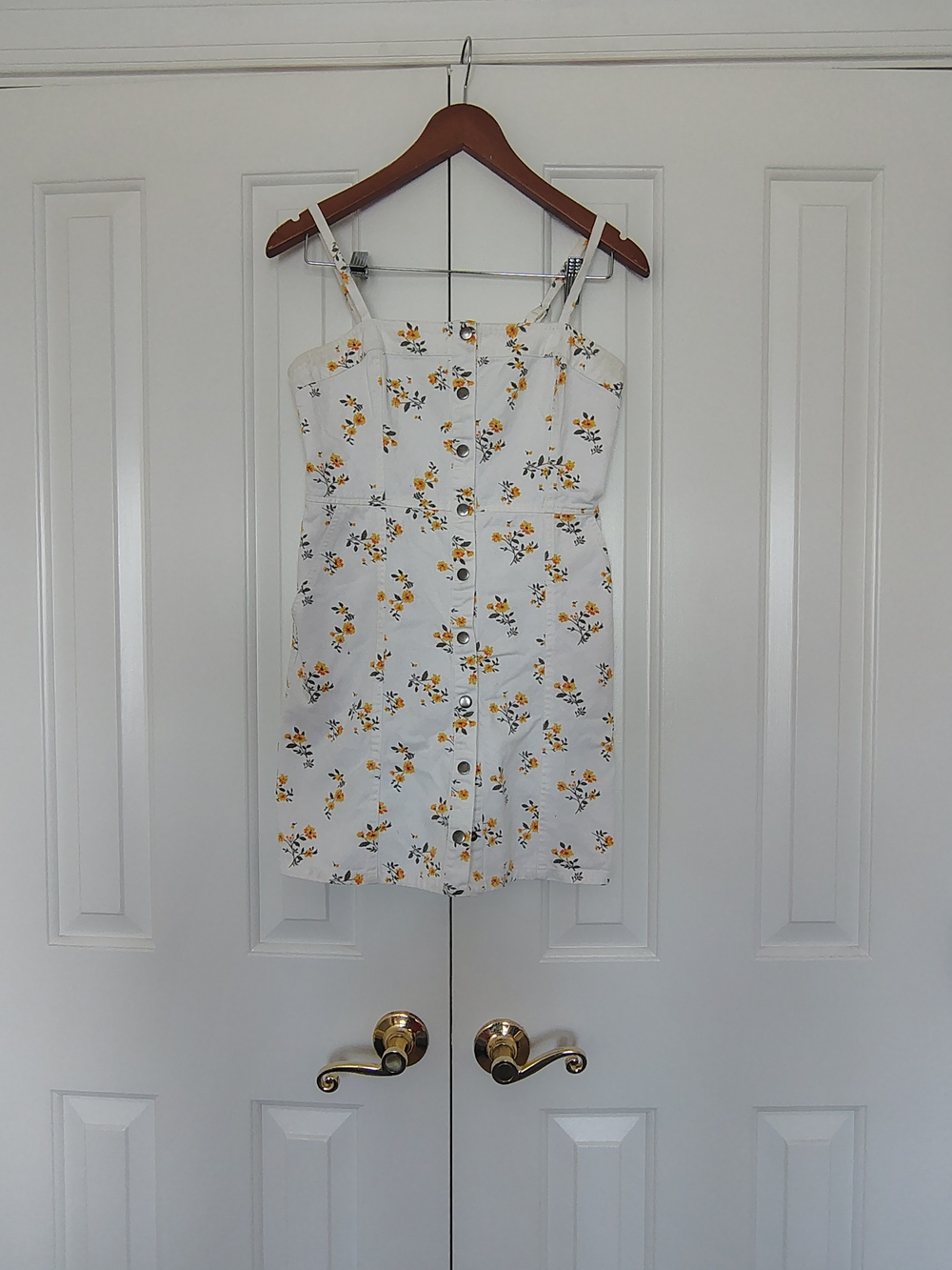 Spaghetti Strap White Denim Mini Dress with Yellow Floral Print